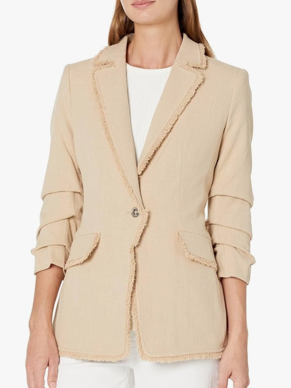NWOT Tommy Hilfiger Women’s Beige Classic Roll Sleeve Frayed Edges Trim Blazer